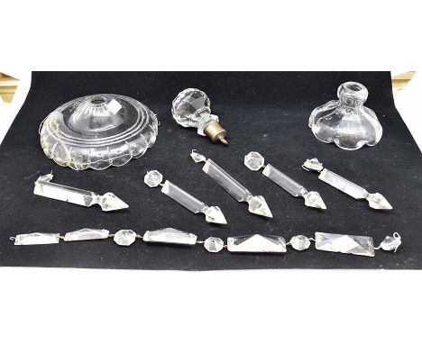 A mid 20th Century glass and brass, droplets, small chandelier CR; some issues for restoration AF