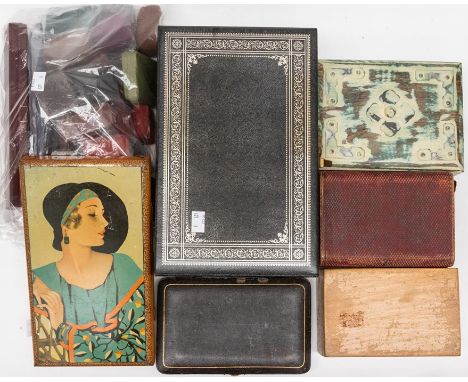 A collection of jewellery boxes to include a tooled leather case, a vintage tin depicting an Art Deco lady along with various