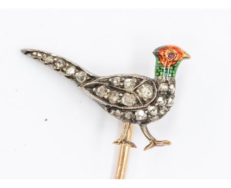 Hunting interest- A diamond set enamel and 9ct gold stick pin in the form of a pheasant, pave set rose cut diamonds and ename