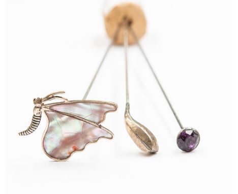 ****CHANGE TO DESCRIPTION BUTTERFLY IS MOTHER OF PEARL AND NOT ENAMEL***Hatpins: An Edwardian silver and enamel hatpin with w
