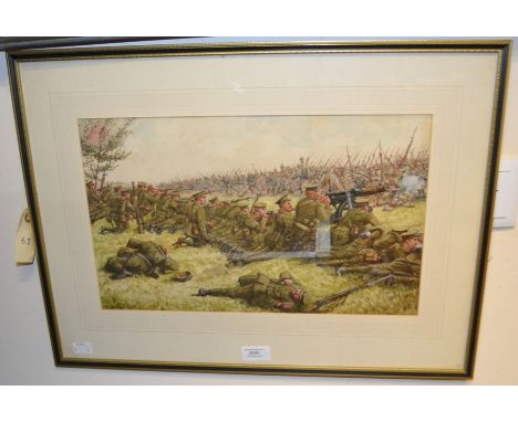 "Mons 1914" original water colour by R Simkin. Picture size 41.5cm x 25.5cm. Overall size in mount and frame 58cm x 43cm.