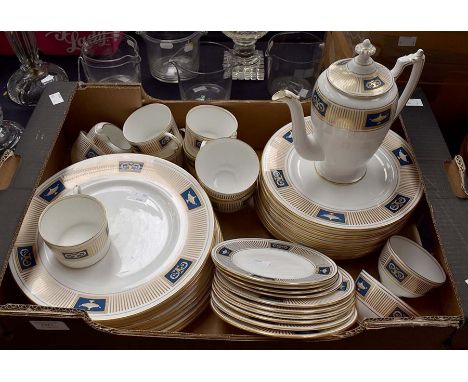 White ground Coalport full dinner and tea service in a classical design, Regency gold and blue