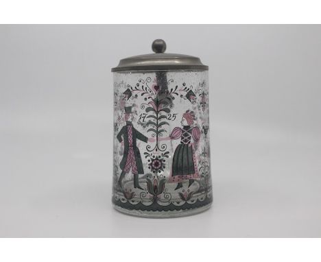 A Bohemian 'forest' glass transparent enamel pewter-mounted tankard, 20th Century, the clear glass of slightly tapering form 