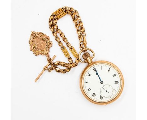 A 9ct gold open faced pocket watch, white enamel dial, roman numerals, subsidiary dial, dial diameter approx. 43mm, case diam