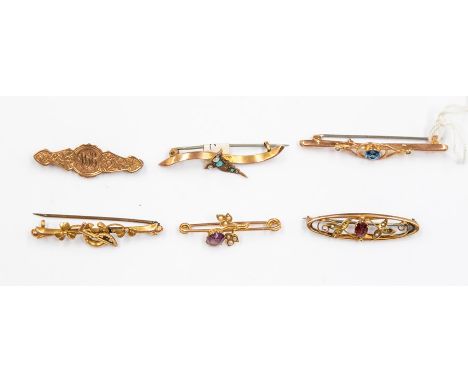 A collection of five 9ct gold Victorian/Edwardian bar brooches, to include amethyst, garnet, seed pearl, turquoise and paste 