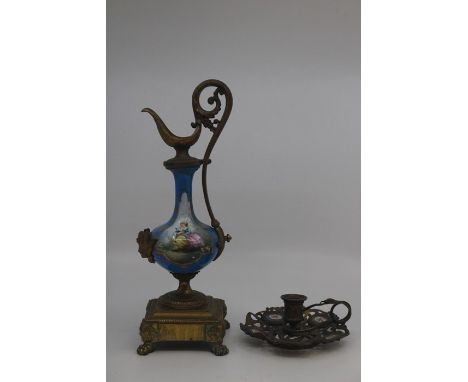 A Sevres-style gilt-metal mounted ewer, circa 1890, probably from a clock garniture, of bottle form with high scroll handle, 