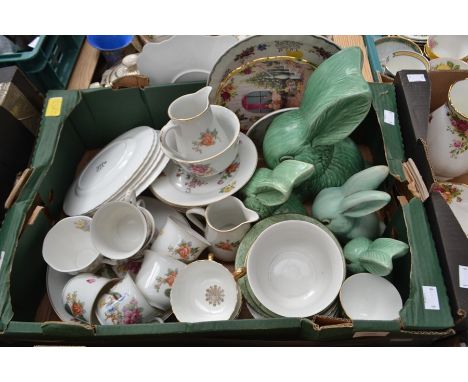 A collection of assorted ceramics comprising three Sylvac green glazed rabbit figures, a similar Flaxman ware by Wade Heath r