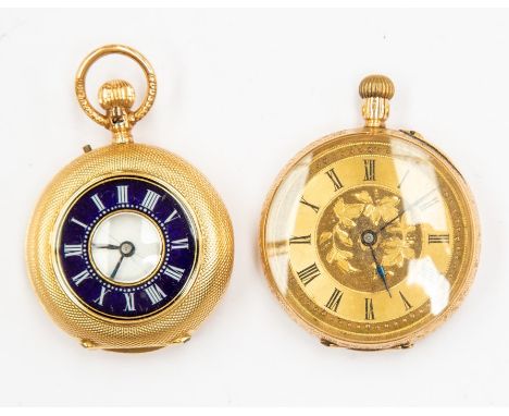 A ladies 18ct gold and enamel half hunter pocket watch engine turned decoration with blue enamel inlayed with white Roman num