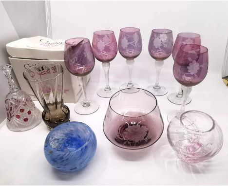 Caithness Glass vase along with 3 Caithness bowls. One being pink hue glass with etched floral design, along with similar set