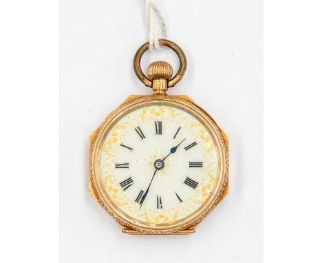 A continental early 20th Century 14ct gold open faced pocket watch, white enamel dial approx. 27mm, Roman numerals, gilt deco