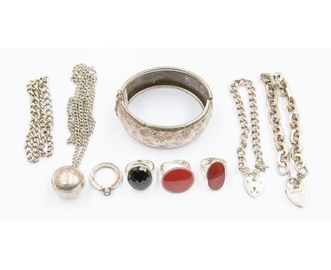 A collection of silver jewellery including two various chain sterling silver bracelets with heart shaped locket clasp, hallma