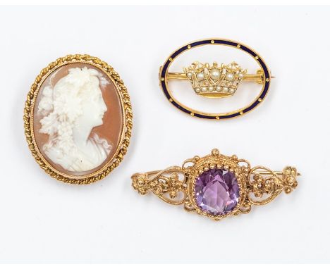 A 9ct gold enamel and pearl set coronet brooch, probably Navy related, oval openwork blue enamel border, inset with a pearl s