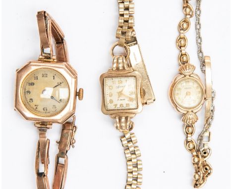 A collection of three vintage 9ct gold ladies watches to include an Accurist, Majex (with base metal safety chain) and a 1930