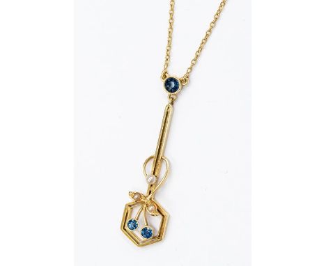 An Edwardian 15ct gold, sapphire and pearl pendant, comprising a openwork  hexagonal form with overlaid wire work set with tw
