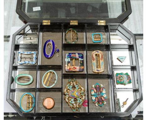 A collection of early 20th Century enamel buckles to include a Marius Hammer silver gilt&nbsp; and blue guilloche enamel buck