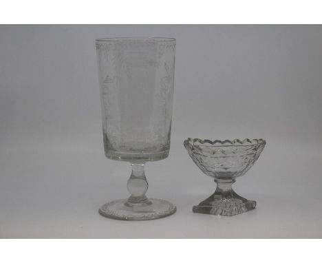 A Victorian celery vase with later engraving, circa 1870, of slightly tapered form with baluster stem and slightly conical fo