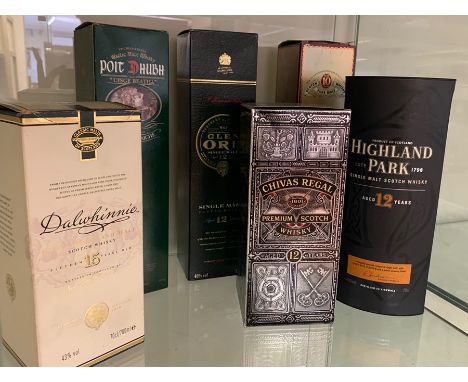 Collection of six bottles of single malt Scotch whisky: Glen Grant, aged 10 years, 40% abv, in card case; Dalwhinnie, aged 15