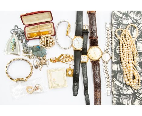 A collection of costume jewellery to include a 9ct gold gents vintage Le Cheminant watch on leather strap, total gross weight