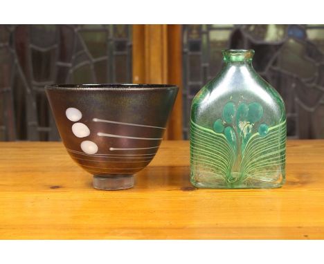 An assembled group of art glass, circa 1985, including a Wallace &amp; Sanders iridescent amethyst bowl with white trails and