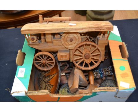 A collection of wooden items including a match steam roller, elephants toe, ivory items etc