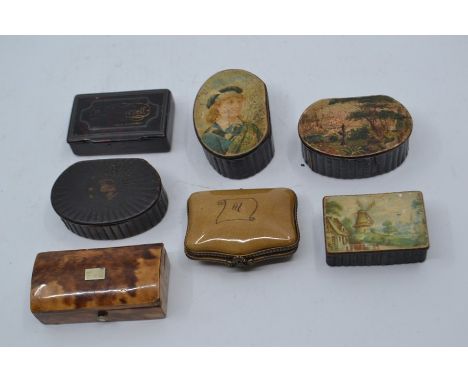 A collection of seven assorted patch boxes and pill boxes, including a 19th Century tortoiseshell patch box, a German tortois