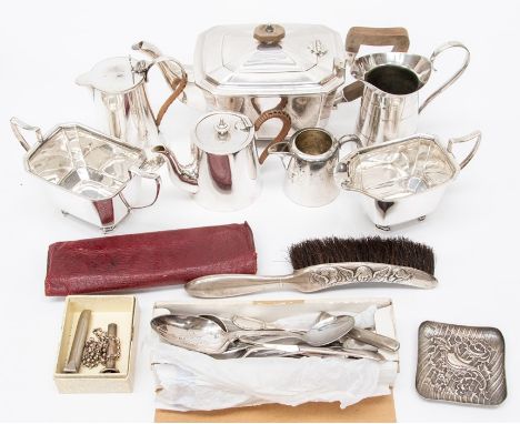 A collection of assorted silver plated items, including an Edwardian silver embossed trinket tray, Birmingham 1901, a dressin