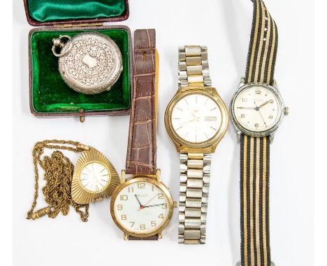 A collection of vintage watches to include a silver open faced pocket watch, white enamel dial, gilt decoration, Roman numera