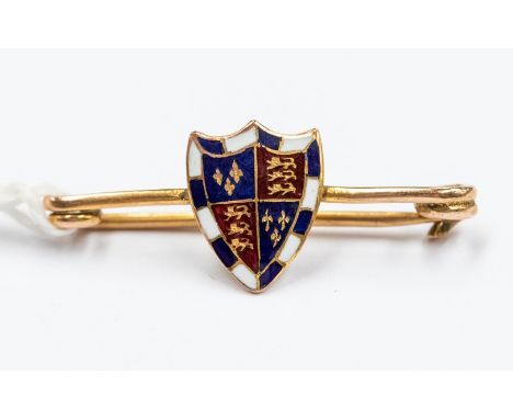 A 9ct gold mounted enamel County Badge pin brooch with Royal Ensign, 3.5cm long, gross grams CR: marks good, Birmingham, 1917