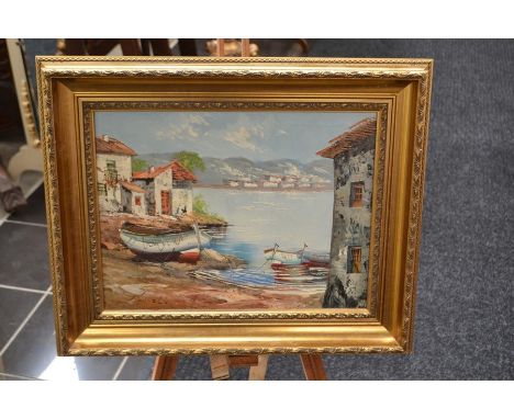 Two furniture pictures, a Mediterranean oil on board, indistinctly signed l l, 32 x 40 cm, and a similar oil on canvas, indis