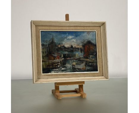 Hamish Lawrie (Scottish, 1919-1987), "The Edinburgh Basin", signed lower right, oil on board, framed. 21.75cm by 30cm. Note: 