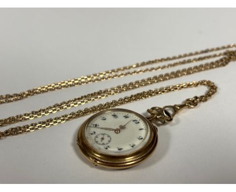 A Swiss 14ct gold lady's open face fob watch, early 20th century, on a 14ct gold belcher-link guard chain, the watch with cre