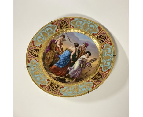 A Vienna porcelain cabinet plate, late 19th century "Triumph des Amor", painted with Classical female figures drawing a chari