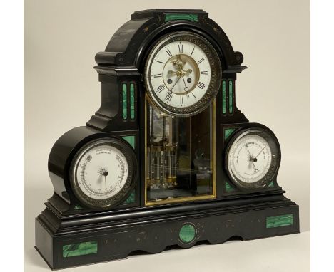 A 19th century slate mantel clock, the case, of architectural form, with incised gilt floral decoration and inset with malach