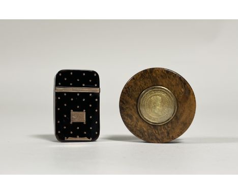 Two 19th century snuff boxes: the first of oblong form, inlaid with yellow metal star pique work in tortoiseshell, the hinged