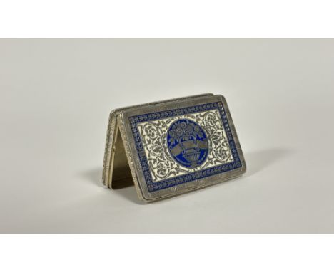 A Continental silver and enamel snuff box, 19th century, of rectangular form, the cover engraved and inlaid in blue and white