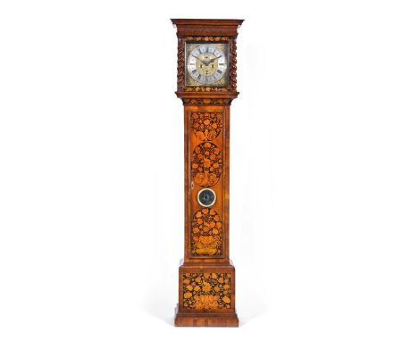 A Walnut Marquetry Eight Day Longcase Clock, signed Jos Foster, London, circa 1700, flat top pediment, side glass panels, bar