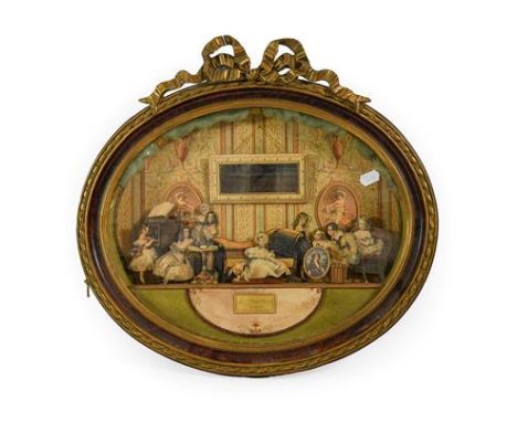 A French Printed Card Diorama, mid 19th century, depicting children and a dog in a drawing room with piano, sofa, table, chai