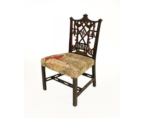 A George III Chinese Chippendale Style Dining Chair, late 18th century, the frame decorated with a moulded top rail above a f