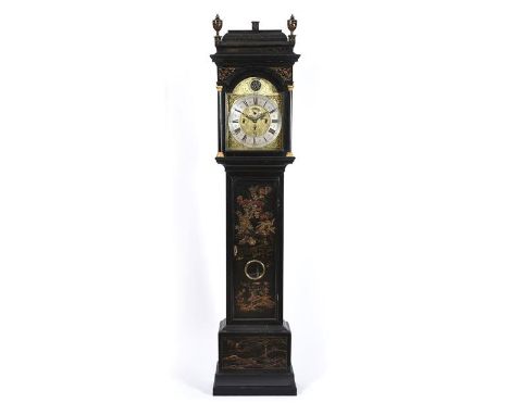 A Rare Chinoiserie Quarter Chiming Longcase Clock, signed Jos Green, North Shields, circa 1730, caddy pediment, side glass pa