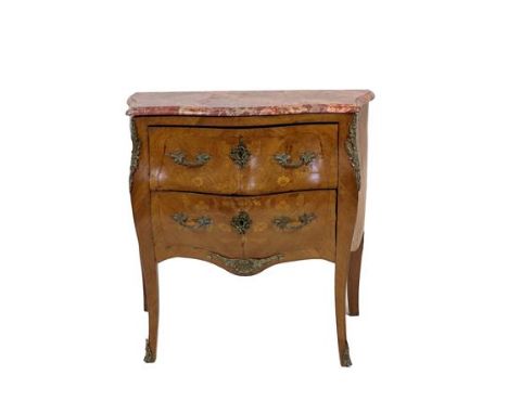 A French Louis XV Style Rosewood and Marquetry Inlaid Petit Commode, late 19th/early 20th century, of serpentine shaped form 