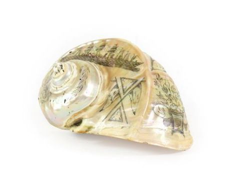 An SS Great Eastern/Leviathan Commemorative Nautilus Shell, circa 1855, engraved with a portrait of the paddle steamer and in