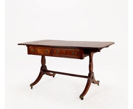 A George III Mahogany, Satinwood Banded, Boxwood and Ebony Strung Sofa Table, early 19th century, the reeded edge with rosewo