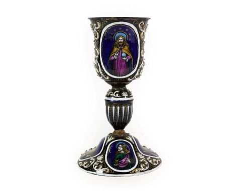 A Limoges Enamel Chalice, in 17th century style, in the manner of Joseph Reymond, the bell shaped bowl painted with Christ ha