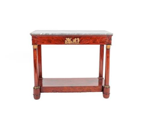 A French Mahogany, Gilt Metal and Marble Top Console Table, early 19th century, the rectangular grey and white marble top abo