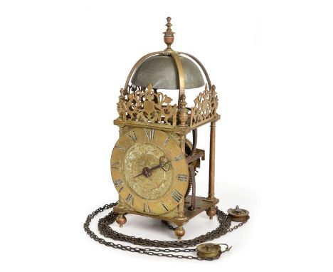 A Rare and Early Brass Striking Lantern Clock, signed Richard Beck at Ye French Church, Londini, circa 1655, four posted case