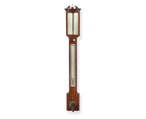 A Mahogany Stick Barometer, signed R.Harper, Liverpool, circa 1840, swan neck pediment, concealed mercury tube with a single 