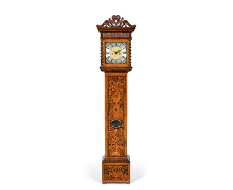 A Marquetry Eight Day Longcase Clock, signed Edward Stanton, London, circa 1700, carved winged cherub and floral crested pedi