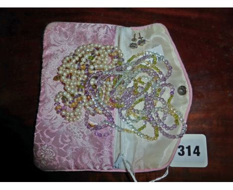 A freshwater pearl, amethyst, citrine & peridot necklace + matched pair of 9ct white gold earrings + similar gemstone necklac