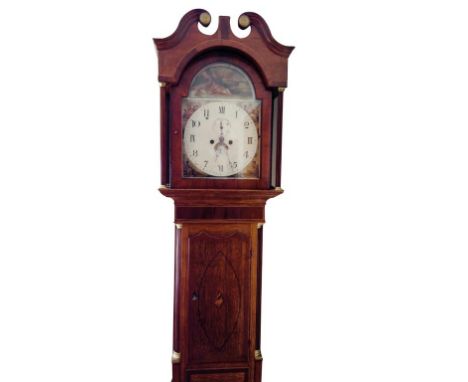 An early 19th century provincial oak, mahogany and marquetry eight day longcase clock, the painted arched dial with Roman and