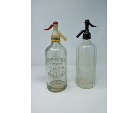 Two vintage Jersey soda syphons, ' Smith Brothers & F.G.De Faye chemist ', one a/f.